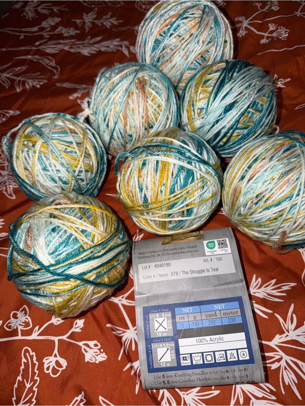 Hobby Lobby Variegated Acrylic Yarn Balls - Teal, Yellow, White